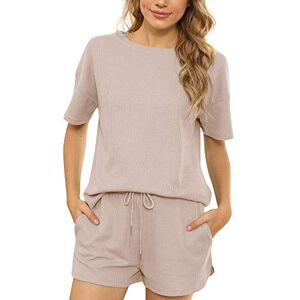 LCDIUDIU Womens Shorts Co Ord Sets Summer, Black Waffle Round Neck Short Sleeve T-Shirt And Side Pocket Shorts Tracksuit 2 Piece Outfits Lounge Sport Gym Going Out Wear Sets Beige M