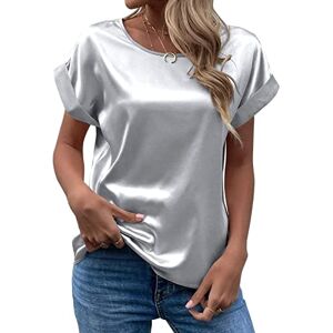 Generic Women's Short Sleeve Satin Blouses Casual Loose Crewneck Silk Shirts Roll Up Sleeve Tunic Tops S-XXL(Grey,Large)