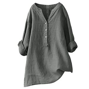 Minjisf Women Cotton Linen Button Down Shirts Oversized Long Sleeve Casual Loose Blouse V Neck Plus Size Loose Fit Baggy Casual Blouses Cotton Linen Tunic Top T-Shirt Solid Color Summer Casual (Grey-7, XXXXL)