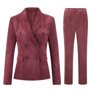 YFFUSHI Women 2-Piece Trouser-Suit Corduroy Suits Business Double Breasted Trouser Suits Long Sleeve Slim Blazer and Pants Burgundy