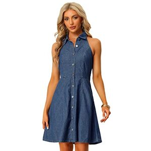 Allegra K Denim Dresses for Women, Halter Neck Button Down Backless, Ladies Shirt Dress Blue M