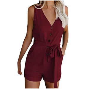 Womens Jumpsuit Shorts Sleeveless V Neck Tank Rompers One Piece Linen Short Vest Rompers High Waist Button Down Elegant Plus Size Playsuit with Pockets Wine