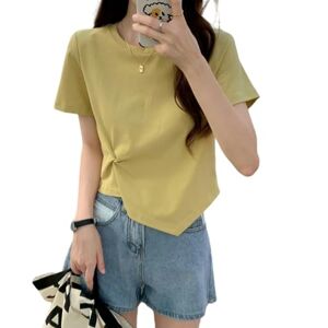MITALITY Short sleeve tops for women uk Short Slim Fit Bottoming Shirt Solid Color Top For Women Summer High Waist Irregular Short Sleeve T-Shirt For Women-Yellow-S