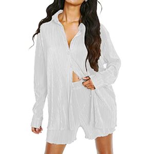 Betrodi Women Two Piece Casual Tracksuit Outfits Long Sleeve Shirt Blouse Top Loose High Waisted Pocket Shorts Set (E Pleated White, L)