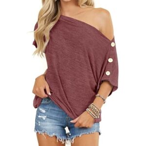 Dressmine Summer Tops for Women Off Shoulder Button Down T Shirts Blouse Casual Short Sleeve Shirt Burgundy XX-Large