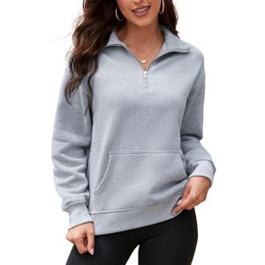 ArtJuly Women's Basic Sweatshirts with Pockets 1/4 Metal Zipper High Neck Long Sleeve Sweater Top Crewneck Casual Loose Trendy Pullover Tops Light Gray