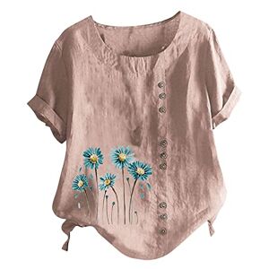 Haolei Linen Tops for Women UK Sale,Ladies Floral T Shirts Elegant Cotton Linen Short Sleeve T Shirts Buttons Graffic Tee Shirt Crew Neck Casual Loose Fit Summer Blouses Lagenlook Tunic Tops