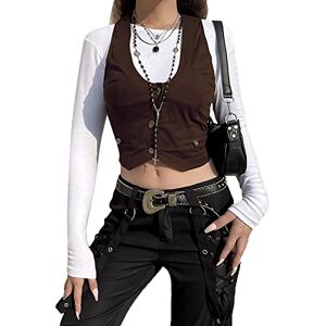 HodJIU Women Vintage Y2K Waistcoat Adjustable Slim Fit V-Neck Button Down Sleeveless Dressy Suit Vest Casual Gothic Streetwear (c-Dark Brown, M)