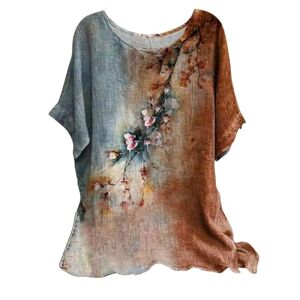 Women'S Tops Size 22 Ladies Linen Tops for Women UK Plus Size Casual Loose Leaf Butterfly Geometric Print Round Neck Short Sleeves Tops Cheesecloth T Shirts Blouse Sales Pullover Tunic Shirts Essential for Summer Vacation