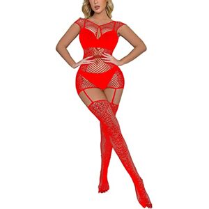 CHICTRY Womens Fishnet Sheer Mesh Bodycon Dress See-Through Long Sleeve Dresses Cutout Chemise 3# Red One Size