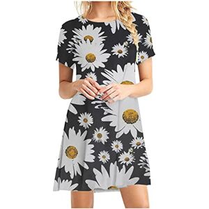 Generic K-068 Black Ladies Short Sleeve Daisy Floral Graphic Dresses for Women Crew Neck Spandex Beach Hawaiian Tropical Midi Summer Fall 2024 Clothing Fashion Country Concert Y2K L