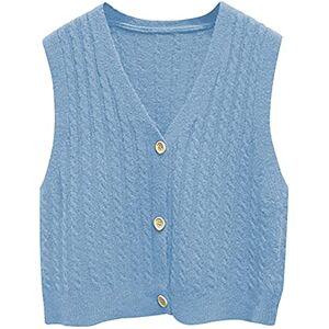 Womens Sleeveless Jumper,Women Solid Color V Neck Single-Breasted Braid Knitted Cardigan Waistcoat Vest,Blue,One Size