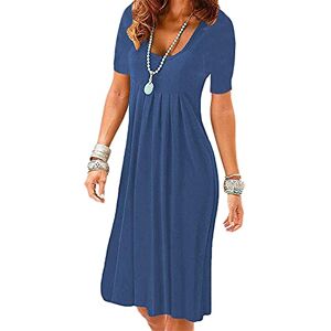 OMZIN Women's Summer Short Sleeve Casual Dresses Elastic Loose Comfy Swing Sundress with Pockets Dark Blue M