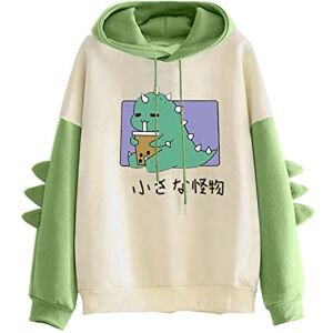 Générique Ladies Fashion Hooded Long Sleeve Dinosaur Printed Stitching Top Pullover Hoodie Fleece Long Pile, Green, L