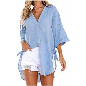 LUCKME Linen Shirt Women Button Down Oversized Shirts Short Sleeve Blouse Roll Up Cuffed Sleeve Casual Work Plain Linen Tops with Pockets UK