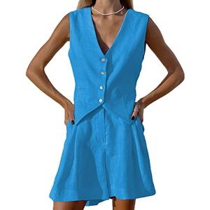 AwayHome Women's 2 Piece Outfits Sets Summer Cotton Linen Casual V-Neck Sleeveless Button Down Vest Waistcoat Crop Tank Tops High Waist Wide Leg Pants