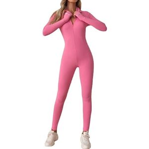 Litthing Women Yoga Jumpsuit Sports Romper Long Sleeve Unitard Stretchy Playsuit Ribbed Knit Zip Up Workout Outfit Slim Fit One Piece Bodysuit Fitness Sportswear Daily Wear