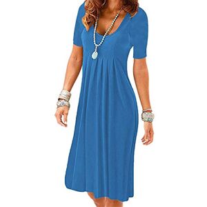 OMZIN Summer Dress Dresses Women Round Neck Short Sleeve Dresses Solid Color A-Line Dress Boho Knee Length Dress Tunic Dress Blue L