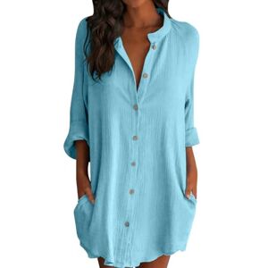 Iuyhau Women's Oversized Linen Shirts Plus Size Baggy Comfy Blouses Tops Half Sleeve Button Up Mid-Long Shirts V Neck Work Plain Tops Tunic Tee Mini Dress with Pockets Light Blue