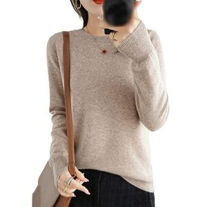 Kelsiop 100% Wool Cashmere Sweater Women O Neck Pullover Casual Knit Top Autumn Winter Coat Camel L