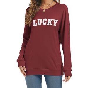 Women's Long Sleeve T Shirts Casual Tunic Pullover Color Block Sweatshirts Crew Neck Casual Sweater Tees(Wine Red Lucky, L)