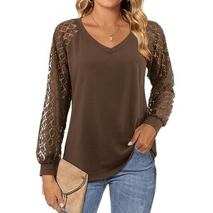 Beluring Ladies T Shirts Casual Long Sleeve Tunic Tops Loose Plain V Neck Tshirt Coffee Size 8 10