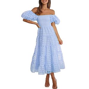 Women's Casual Embroidered Maxi Dress Floral Flowy Square Neck Dresses with Puff Sleeves for Summer Women Party Dress (Blue, M)
