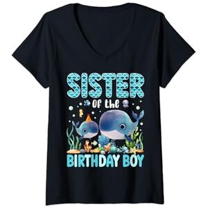 Summer Whale Family Birthday Boy Sea Ocean Party Womens Sister Of The Birthday Boy Sea Fish Aquarium Sea Animals V-Neck T-Shirt