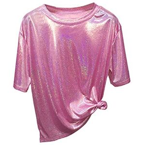 Women's Ladies Sequin Sparkle Glitter Party T-Shirt Blouse Short Sleeve O Neck Glitter Bling Shiny Top Tee Shirt Blouses (One Size, Pink)