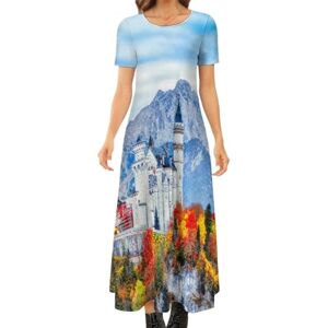 Songting Germany Neuschwanstein Castle Women's Summer Casual Short Sleeve Maxi Dress Crew Neck Printed Long Dresses S