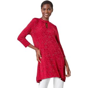 Roman Originals Textured Print Keyhole Tunic Stretch Top for Women UK - Ladies Everyday Autumn Winter High Neckline Comfy Soft Evening Vacation Work Party Night Out - Red - Size 14