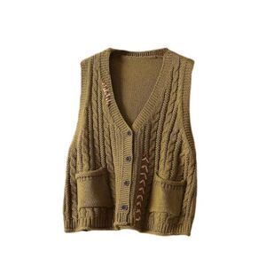 LCDIUDIU Women V Neck Knitted Vest Tops,Vintage Khaki Chunky Cable Knit Button Cardigan Sleeveless Waistcoats Bottoming Shirt Casual Sutures Tank Top Gilets Preppy Streetwear With Pocket,Armygreen,M