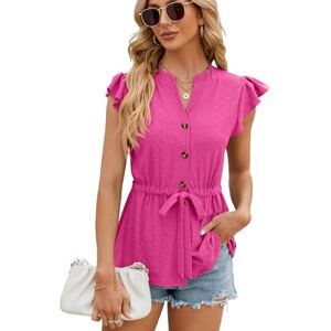 BAODANWUXIAN Short Sleeves Women Shirts V Neck Lace Up Short Sleeved Casual Loose Button Tops Wear-A-Xl