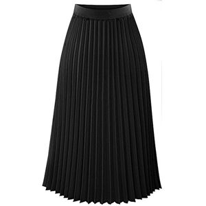 Pleated Elegant Midi Elastic Waist Skirt Wild Womens Solid Maxi Skirt Black