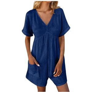 Bauzuoyo Women's Elegant Jumpsuit Short Sleeve V-Neck Short Jumpsuit Playsuit Summer Trouser Suit Romper Casual Loose Wide Trouser Suit with Pockets and Zip Plain Dungarees, darkblue, L