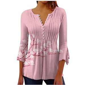 Kuih Womens Tunic Tops 3/4 Sleeves Ladies V Neck Flower Printed Top Casual Loose Comfy Breathe Blouse Elegant Button UP Pullover T-Shirt for Party Dance Office Size 8-16