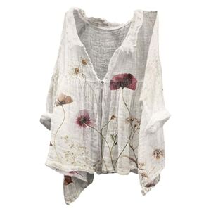 CreoQIJI Blouse Sleeveless Women's Shirt Made of Fabric with Floral Butterfly Print and Natural Autumn Scented Fabric T-Shirt Women's Short Sleeve V Neck, beige, XXL