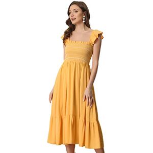 Allegra K Smocked Sundress for Women's Causal Square Neck Boho Sleeveless Ruffle Tiered Midi Dress Yellow XL