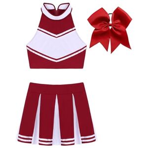 iiniim Cheer Leader Outfit for Women Musical Uniform Sleeveless Crop Top+Mini Pleated Skirt+Bowknot Headwear 01Wine Red S