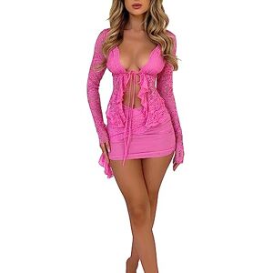 HodJIU Women Lace Two Piece Outfit Low-Cut Tie-Up Long Sleeve Ruffle Crop Tops and Mini Skirt Set Y2K E Girl Aesthetic Stretwear Clubwear (Pink, L)