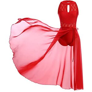 Women Lyrical Dance Costumes Adult Sleeveless Halter Neck Lace Hollow Out Ballet Leotard Gymnastics Bodysuit+Long Tulle Tutu Wrap Skirt Flowy Dress Salsa Modern Contemporary Ballerina Dancewear Red M