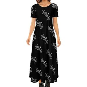 Songting Fishing Life Heartbeat Women's Summer Casual Short Sleeve Maxi Dress Crew Neck Printed Long Dresses S