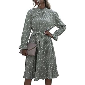 RIZ-ZOAWD Women's Summer Casual Pleated Dress Elegant Round Neck Long Sleeve Polka Dot Slim Lace-up Dress Green S