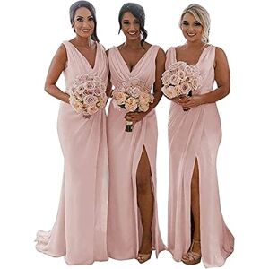 KURFACE Double V Neck Wedding Bridesmaid Dresses Long Maid of Honor Gown Chiffon Formal Evening Gowns for Women Blush Pink UK22