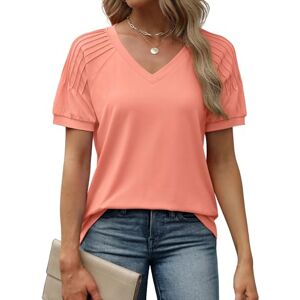 Sampeel T Shirts for Women Summer Tops Ladies V Neck Short Sleeves Pleated Tee Coral Size 22-24