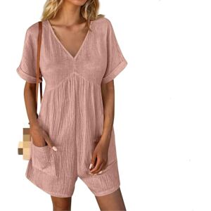 Semets Womens Short Sleeve Rompers Linen Textured V Neck Jumpsuit Summer Casual Loose Vacation Beach Outfits with Pockets (Pink,2XL)