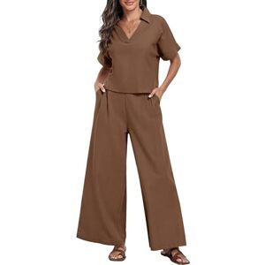 LCDIUDIU Ladies 2 Piece Wide Leg Pants Set, Black V-Neck Rolled Short Sleeves T-Shirt Crop Top Elastic Waist Straight Leg Trousers Lounge Co Ord Sets Summer Casual Going Out Matching Sets Brown S