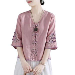 Hinewsa Retro Embroidered Button Cotton Shirt Women 'S Summer Chinese Style Loose Short V-Neck Blouse Tops Pink