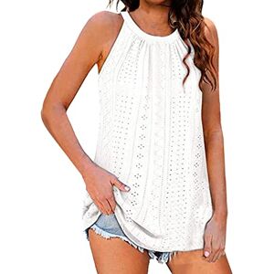 Generic Crewneck Tank Top for Women UK Sleeveless Solid Colour Shirts Ladies Summer Casual Loose Fit Tunics Dressy Eyelet Blouse White