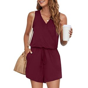 Leezepro Women Jumpsuits Summer Elegant V Neck Playsuit Casual Short Rompers with Pockets for Women Mini Playsuit(Red,M)